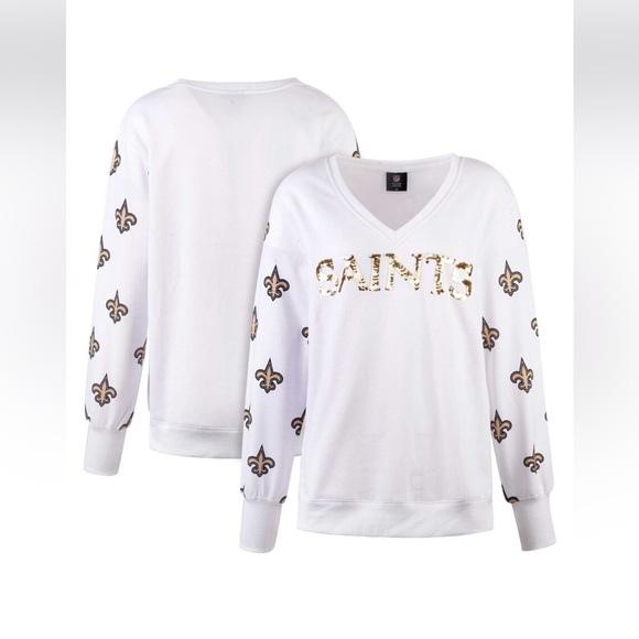 NFL Tops - Women's Cuce White New Orleans Saints Sequin Fleece V-Neck T-Shirt Size M